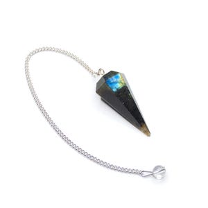 May include: A faceted, dark gray pendulum with blue and yellow iridescent flashes, suspended by a silver chain. The pendulum has a pointed end and a small, clear crystal ball at the chain's end. The background is white.