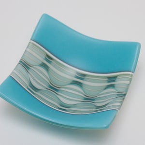 Small Square Optic Fused Glass Bowl - Cyan Blue and White
