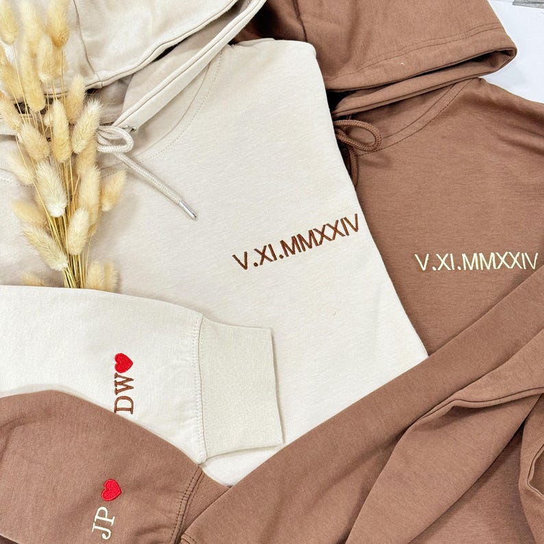 Custom Embroidered Roman Numeral Hoodie Engagement Gifts for Couple