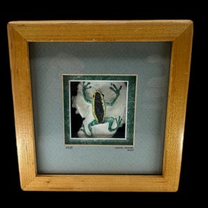 May include: Framed artwork of a frog with a black and yellow body and green legs, set against a white background. The artwork is framed in a light brown wooden frame with a light blue mount.