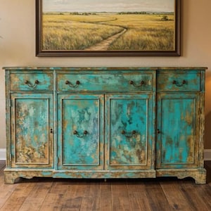 SOLD   l   Hand Painted Turquoise Sideboard, Rustic Farmhouse Console, Vintage Style
