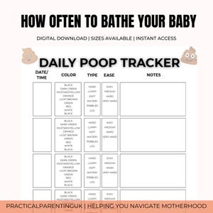 May include: A printable baby poop tracker with the title "Daily Poop Tracker". The chart includes columns for date/time, color, type, ease, and notes. The text "How Often to Bathe Your Baby" is at the top.