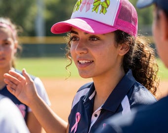 Softball Mom Trucker Cap, Softball Mom Hat, Sports Mom Cap, Softball Mom Gift, Mother's Day Gift, Pink Bows Trucker Hat