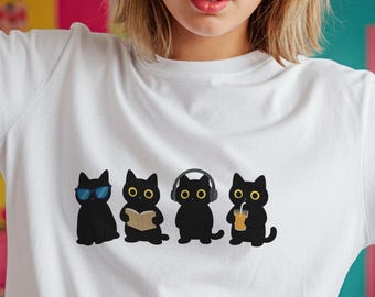 Moletom com estampa de quatro gatinhos pretos | Ilustração de gato, tons de azul, coração, bebida