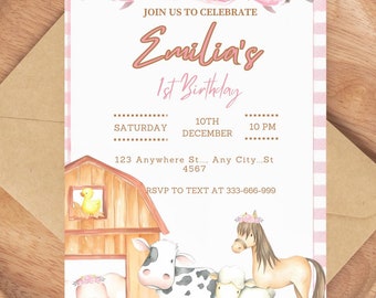 Plantilla de invitación de cumpleaños editable de vaquera, invitación de cumpleaños de niña con caballo, invitación de fiesta de vaquera con caballo, invitación de cumpleaños con flores rosas