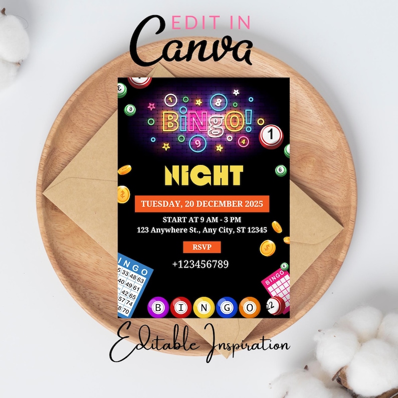 May include: A black and neon pink, yellow, blue, and green bingo night invitation with the text "Bingo! Night" and "Tuesday, 20 December 2025" with a start time of 9 AM to 3 PM. The invitation also includes a phone number and address.