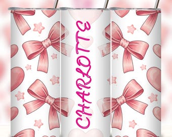 Personalized Pink Bow Floral 20 oz skinny Tumbler Wrap, Vintage Girly Roses (digital download)
