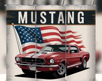 Vintage Muscle Car with American Flag PNG, Retro 1960s Car Tumbler Wrap Design, Patriotic Automotive Digital Download.