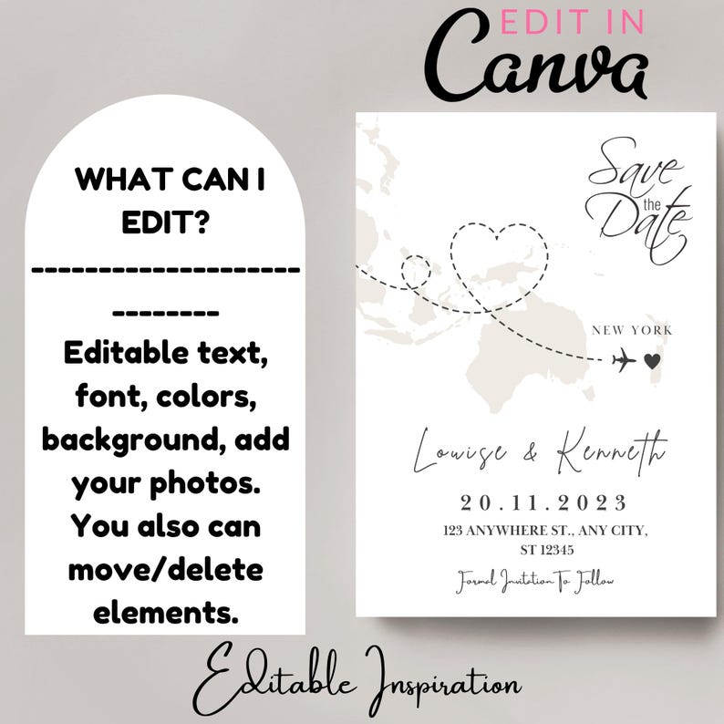 May include: Editable save the date card with a world map background. The map shows a flight path from New York to a heart icon. The text reads "Save the Date" and "Lowige & Kenneth" with the date "20.11.2023". The text "Formal Invitation To Follow" is also included.