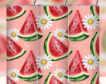 vintage Watermelon Daisy & Polka Dot Design, Seamless Watermelon 20 oz Skinny Straight Tumbler Sublimation, Tumbler Wrap, PNG.