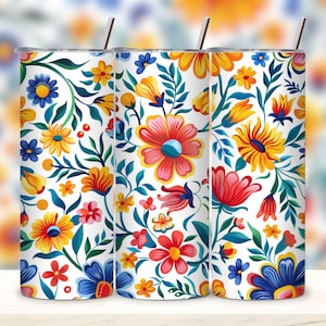 Mexican embroidery flower 20 oz skinny tumbler sublimation design Floral pattern digital PNG Straight wrap Waterslide download.