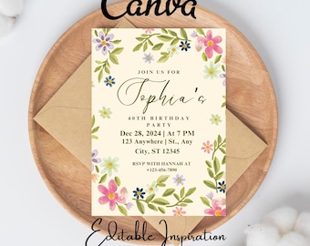 Pode incluir: Um convite de aniversário com tema floral com um fundo creme e uma coroa de flores rosa, roxas e verdes. O texto diz "Join us for Sophia's 40th Birthday Party Dec 28, 2024 | At 7 PM 123 Anywhere | St., Any City, ST 12345 RSVP with Hannah at +123-456-7890".