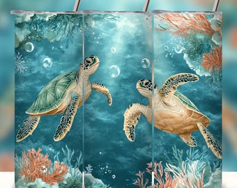 3D Sea Turtle Tumbler Wrap PNG, Ocean Seashells, Starfish, Glitter Tumbler Design, Straight 20oz Skinny Tumbler, Sublimation Design png.