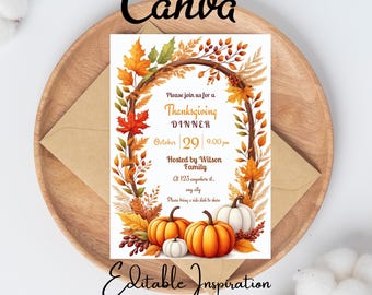 Editable Thanksgiving Invitation, Thanksgiving Dinner Invitation, Friendsgiving Invitation, Thankful Together Invitation Canva Template