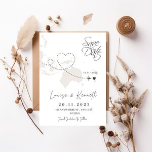 May include: Save the Date card with a world map background, a heart drawn over the map, and two airplanes flying towards each other. The text reads "Save the Date", "New York", "Louise & Kenneth", "20.11.2023", "123 Anywhere St., Any City, ST 12345", and "Formal Invitation To Follow".