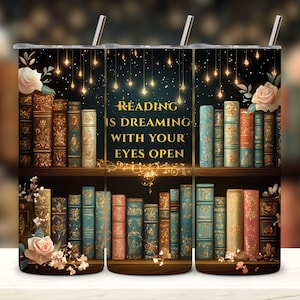 Bookish Tumbler Wrap Design, Reading is Dreaming Sublimation PNG, Row of Books Skinny Tumbler, Digital Download Tumbler Wrap Template.