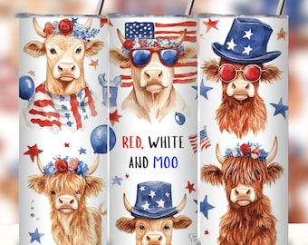 Patriotic Highland Cow Tumbler Wrap 20 oz Skinny Tumbler 4th Of July Sublimation Design Digital Download PNG Instant Digital download.