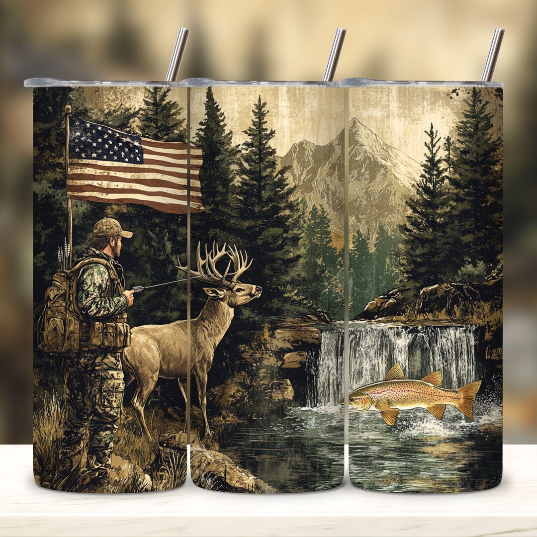 American Flag Trout Fishing Deer Camo Seamless Tumbler Wrap 20oz Skinny ...