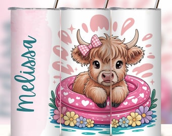 Personalized Highland Cow Tumbler Wrap: Floral Crown, Custom Name (PNG Digital Download)