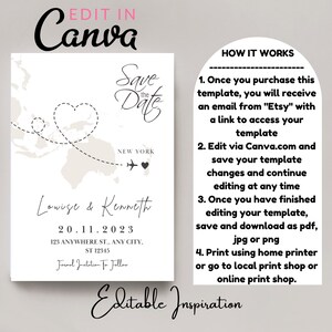 May include: A save the date card with a world map background and a heart-shaped route from Australia to New York. The card is white with black text and a pink heart. The text reads "Save the Date", "Louise & Kenneth", "20.11.2023", "123 Anywhere St., Any City, ST 12345", and "Formal Invitation To Follow".