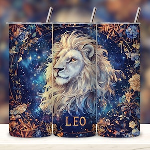 Zodiac Leo 20 oz Skinny Tumbler Sublimation Design, Star Sign Galaxy, Digital Download, Straight & Tapered Tumbler Wrap PNG.