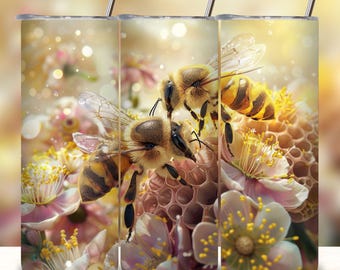 Bee Honeycomb Floral Tumbler Wrap, 20oz Skinny Tumbler wrap Sublimation Digital Download PNG, Beehive Tumbler Design, Bee Tumbler Gift.