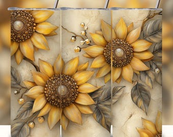 Envoltura para vaso de girasoles de 20 oz, delgada, PNG, diseño de sublimación de leopardo con purpurina, sin costuras, descarga digital