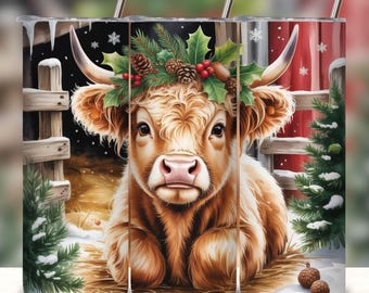 Weihnachtliche Becherhülle mit Hochlandrind, festliches Weihnachtsmotiv (Digitaler Download)