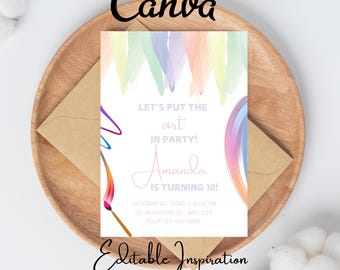 Invitación editable para fiesta de cumpleaños con arte, invitación para fiesta de cumpleaños con arte, plantilla imprimible para fiesta de cumpleaños con artista de pintura.
