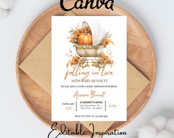 Falling in Love Baby Shower Editable Invitation, Autumn Baby Shower Invite, Gender Neutral Baby Shower, Autumn Floral Shower Invite