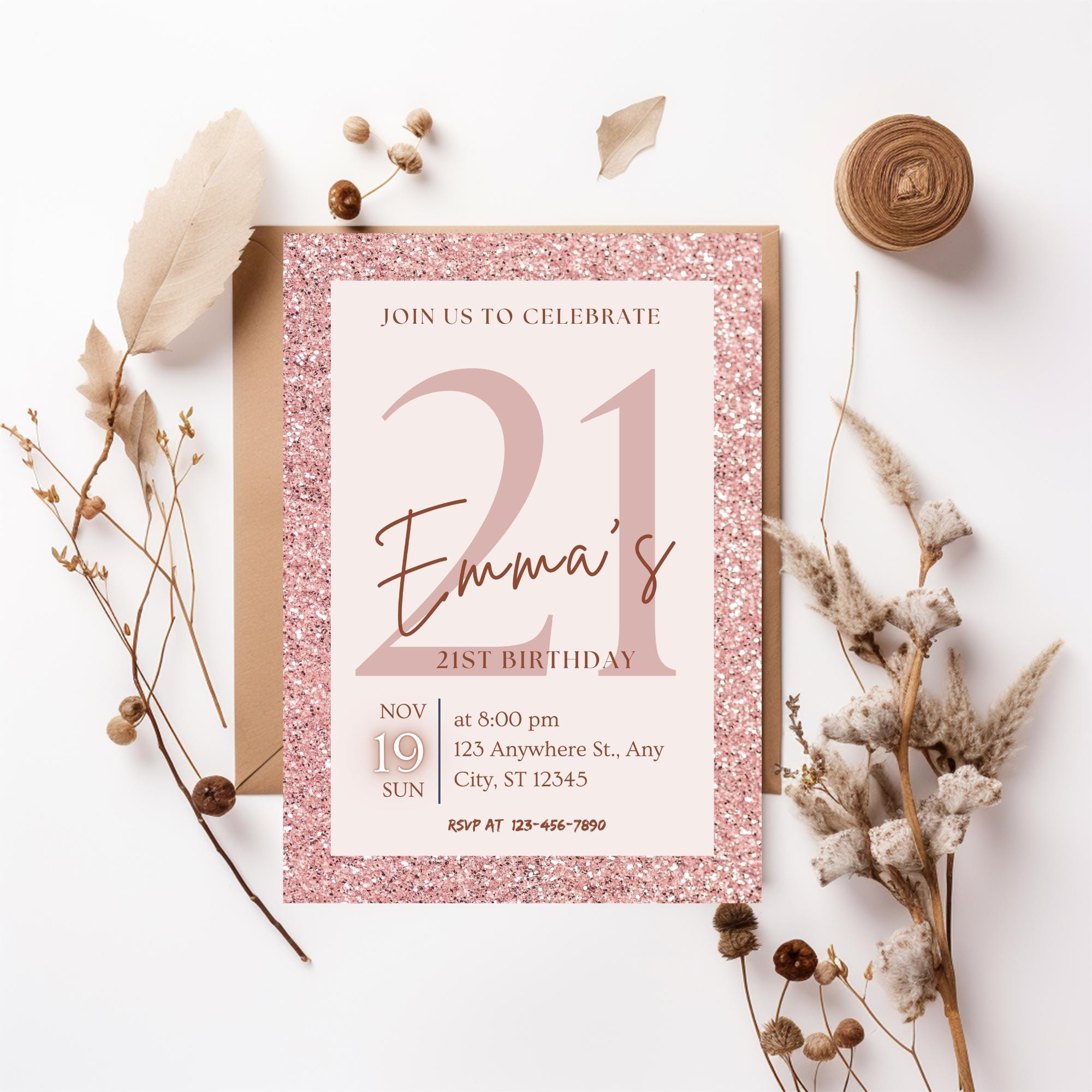 Editable 21st Birthday Invitation, Pink Glitter Birthday Invitation ...