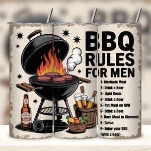 May include: A stainless steel tumbler with a BBQ theme. The design features a black grill with flames, burgers, and the text "BBQ RULES FOR MEN." Additional elements include beer bottles, a basket of vegetables, and stars.