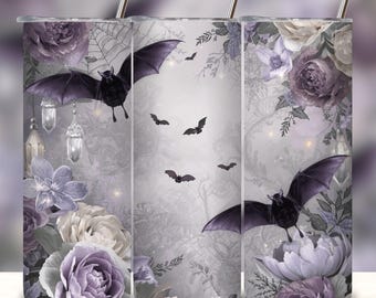 Gothic Bat Tumbler Wrap, Halloween Bats 20 Oz Skinny Sublimation Tumbler PNG, Spooky Spider Web Floral Tumbler Design Download