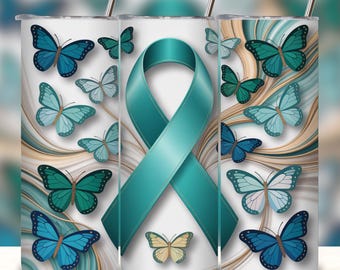 Teal Ribbon Ovarian Cancer Awareness Tumbler Template (PNG)