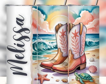 Custom Teal Cowgirl Boots Tumbler Wrap, Add your name Western Beach Design (Digital Download)
