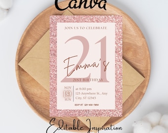 Invitación editable para el cumpleaños número 21, invitación de cumpleaños con purpurina rosa, invitación rosa para damas número 21, purpurina glamurosa, imprimible o digital