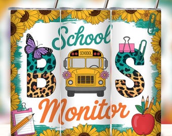 School Bus Monitor Tumbler Wrap PNG, Back To School Sublimation Design (Digital Download)