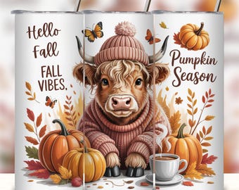 Fall Cute Baby Highland Cow 20oz Skinny Seamless Tumbler Wrap, Fall Vibes Tumbler, Autumn, Pumpkin Season, Sublimation Design, PNG Download.