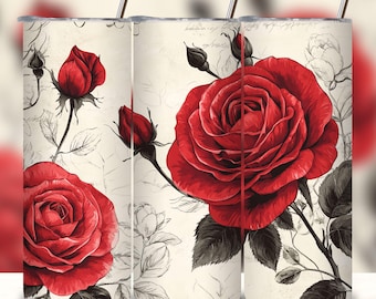Red Roses Sublimation 20 Oz Skinny Tumbler Floral Seamless Wrap for 20 oz Tumbler Design skinny straight tapered full wrap PNG sublimation.