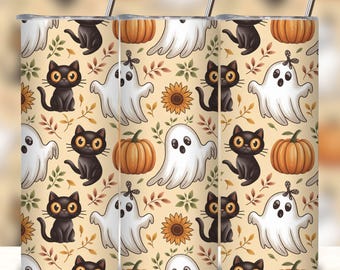 Urocze, straszne duchy, 20-uncjowy, cienki kubek z nadrukiem sublimacyjnym, cyfrowy projekt do pobrania, PNG, natychmiast, TYLKO CYFROWY, kwiatowy, jesienny, halloweenowy wzór opakowania na kubek.
