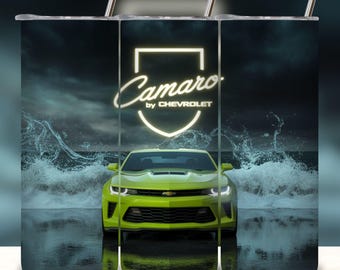 Modern Muscle Car Tumbler PNG Wrap | Neon Sports Car 20oz Skinny Sublimation Design | Automotive Ocean Scene Digital Download.