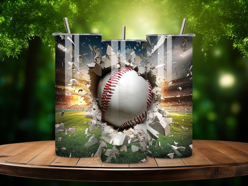 May include: Three stainless steel tumblers with a baseball breaking through a wall design. The baseball is white with red stitching and is surrounded by broken concrete.