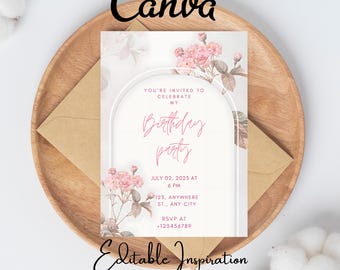 zakurzony różowy kwiat urodziny zaproszenie szablon baby pink kwiatowy urodzinowy szablon różowy toile urodziny zaproszenie Quinceanera