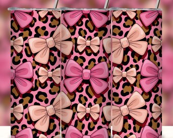 Pink Coquette Schleife mit Glitzer-Leopardenmuster für Becher, 20oz PNG, nahtloses Sublimationsdesign, mädchenhafte rosa Schleifen, Becher im Girly-Girl-Stil.