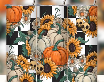 fall pumpkin skeleton tumbler wrap, 20oz Skinny Tumbler Sublimation Design.