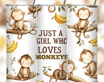 Monkey Tumbler Wrap, Just A Girl Who Loves Monkeys 20 oz Skinny Tumbler Seamless Sublimation Design Floral Watercolor Monkey Lover PNG.