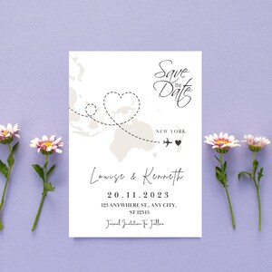 May include: Save the date wedding announcement with a world map background and a plane flying from a location to New York. The announcement includes the names "Lowige & Kenneth", the date "20.11.2023", and the address "123 ANYWHERE ST., ANY CITY, ST 12345".