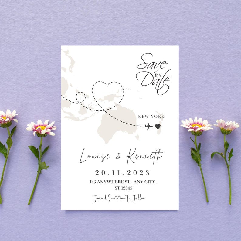 May include: Save the date wedding announcement with a world map background and a plane flying from a location to New York. The announcement includes the names "Lowige & Kenneth", the date "20.11.2023", and the address "123 ANYWHERE ST., ANY CITY, ST 12345".