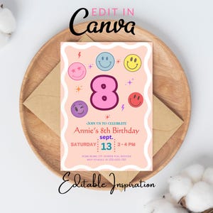Bearbeitbares Smiley-Gesicht einladen, Smiley-Gesicht Geburtstag, Emoji-Einladung, Smiley-Gesicht einladen, Tween Geburtstag, Retro-Smiley-Gesicht, glückliches Gesicht Geburtstag
