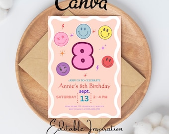 Editable smiley face invite, smiley face birthday, emoji invitation, smiley face invite, tween birthday, retro smiley face, happy face bday